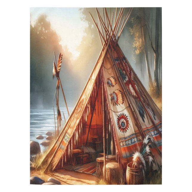 Tranquil native Indian teepee by a serene river Tablecloth (Front)
