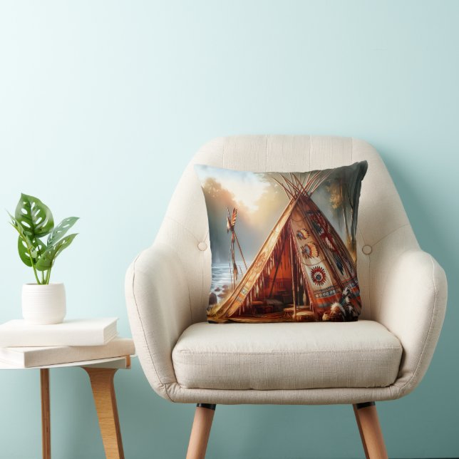 Tranquil native Indian teepee by a serene river Throw Pillow (Chair)