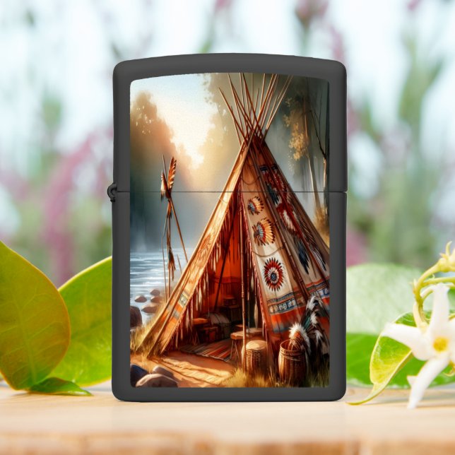 Tranquil native Indian teepee by a serene river Zippo Lighter (On Table)