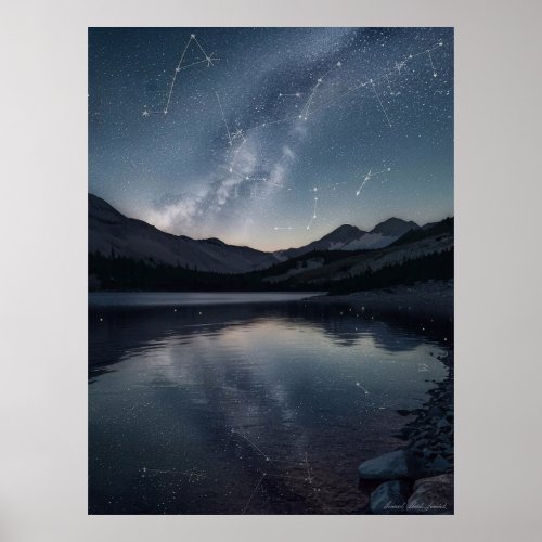 Tranquil Night Sky Lake Poster