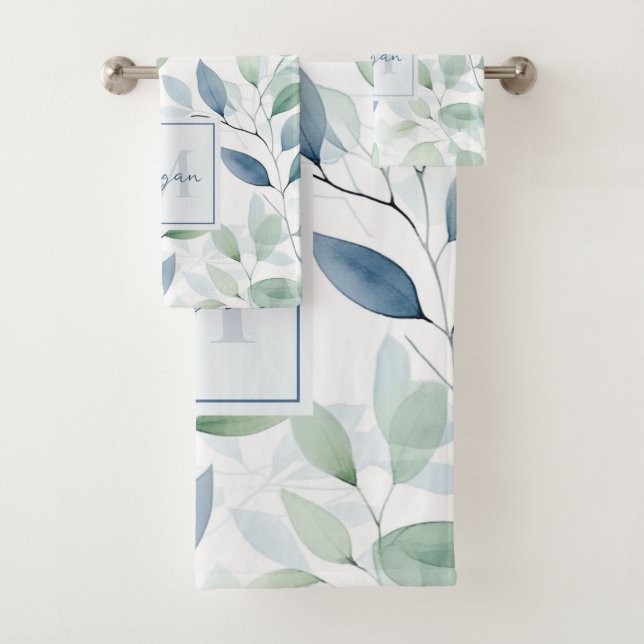 Tranquil Oasis Watercolor Leaves Monogram & Name Bath Towel Set (Insitu)