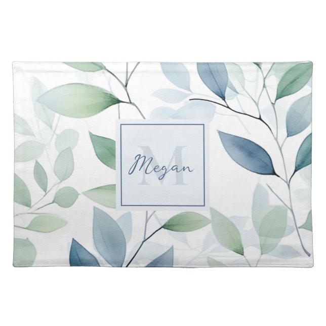 Tranquil Oasis Watercolor Leaves Monogram & Name Cloth Placemat (Front)