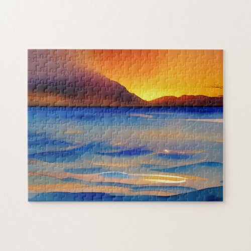 Tranquil Ocean Sunset Watercolor  Jigsaw Puzzle
