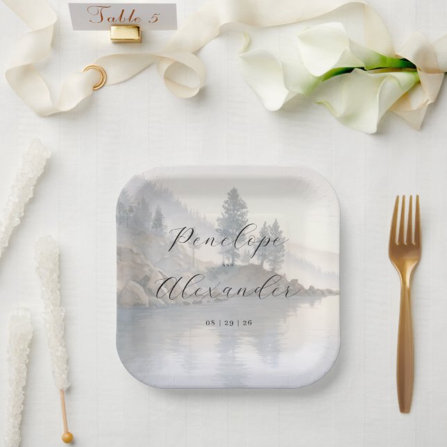 Tranquil Pale Watercolor Lakeside Scene Paper Plates (Wedding)