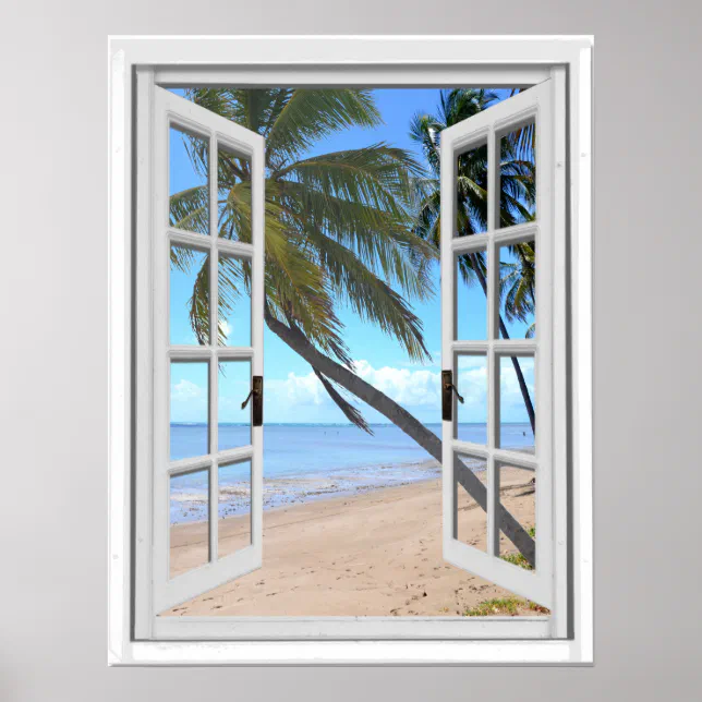 Tranquil Palms and Ocean Artificial Window View Poster | Zazzle