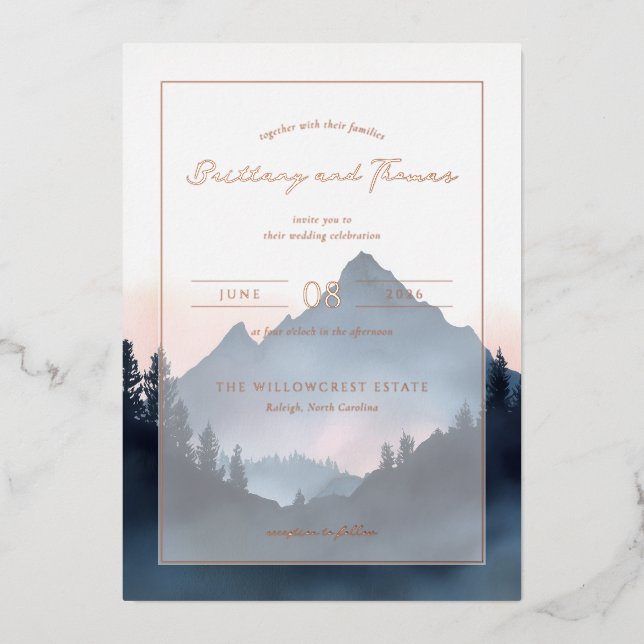 Tranquil Pastel Mountain Landscape Foil Invitation (Front)