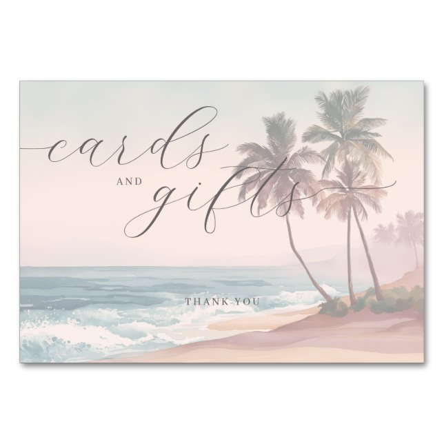 Tranquil Pastel Watercolor Beach Scene Table Number (Front)