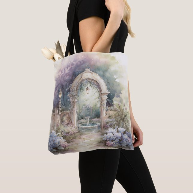 TRANQUIL PASTEL WATERCOLOR GARDEN SCENE TOTE BAG (Close Up)