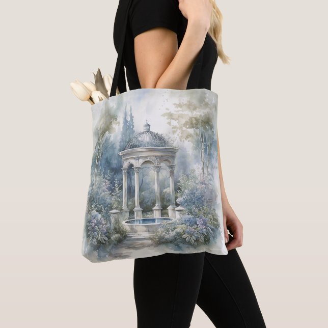 TRANQUIL PASTEL WATERCOLOR GARDEN SCENE TOTE BAG (Close Up)