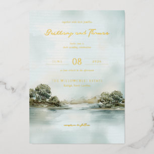 Tranquil Pastel Watercolor Landscape Foil Invitation