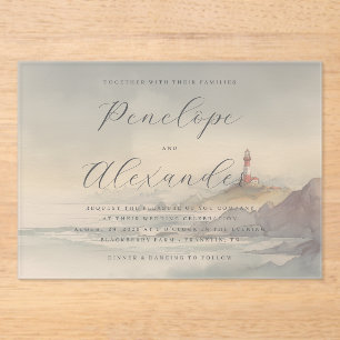 Tranquil Pastel Watercolor Lighthouse Acrylic Invitations