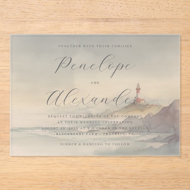 Tranquil Pastel Watercolor Lighthouse Acrylic Invitations (Front)