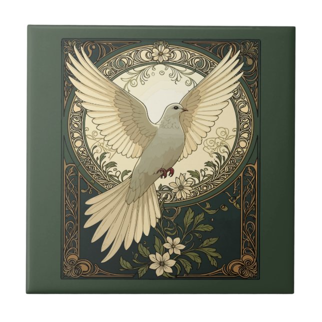 Tranquil Peace Dove And Nature Illustration Ceramic Tile (Front)