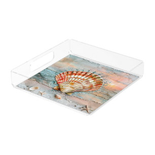 Tranquil Peach and Orange Seashell Watercolor Acrylic Tray