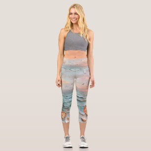 Tranquil Peach and Orange Seashell Watercolor Capri Leggings