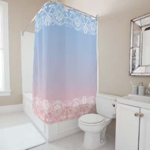 Tranquil Pink To Blue Gradient & White Lace Shower Curtain