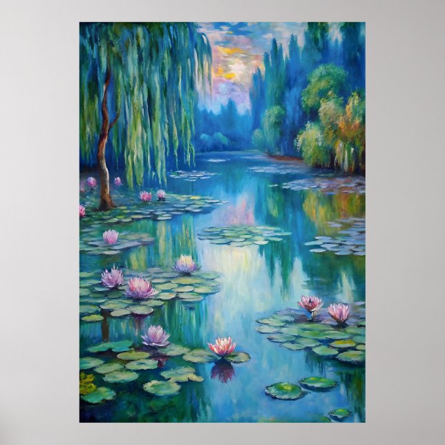 Tranquil Pond with Water Lilies at Dusk Poster (Front)