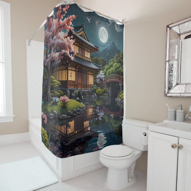 Tranquil Reflections Blossoms on the Pond bathroom Shower Curtain (In Situ)