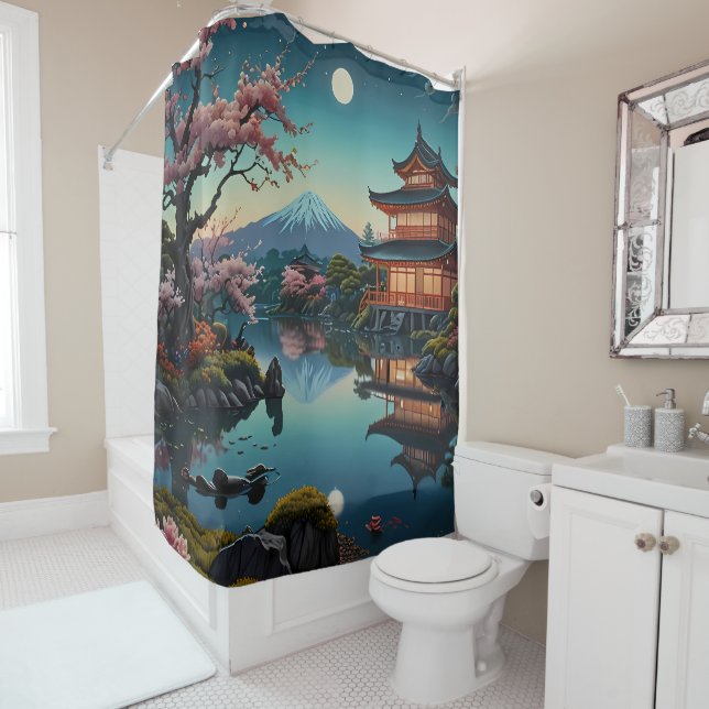 Tranquil Reflections Blossoms on the Pond bathroom Shower Curtain (In Situ)