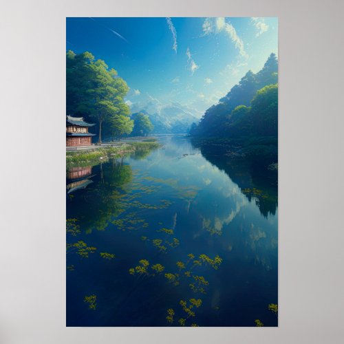 Tranquil River and Verdant Trees Poster