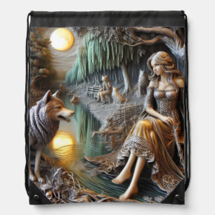 Tranquil river night with an Indian and wolf Drawstring Bag