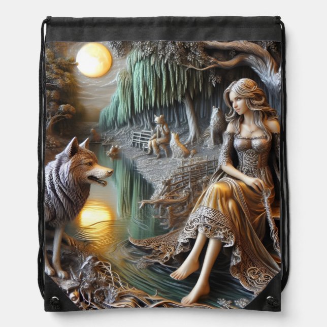 Tranquil river night with an Indian and wolf Drawstring Bag (Front)