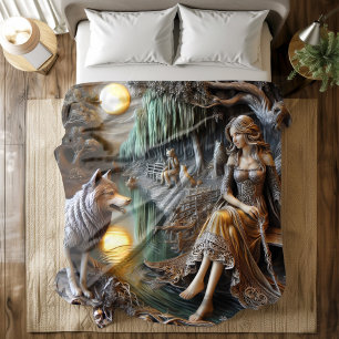 Tranquil river night with an Indian and wolf Duvet Cover