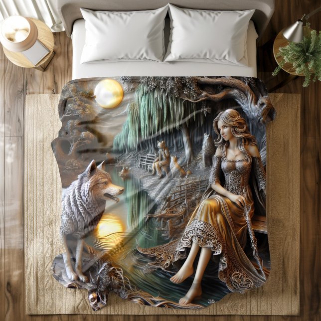 Tranquil river night with an Indian and wolf Duvet Cover (Creator Uploaded)