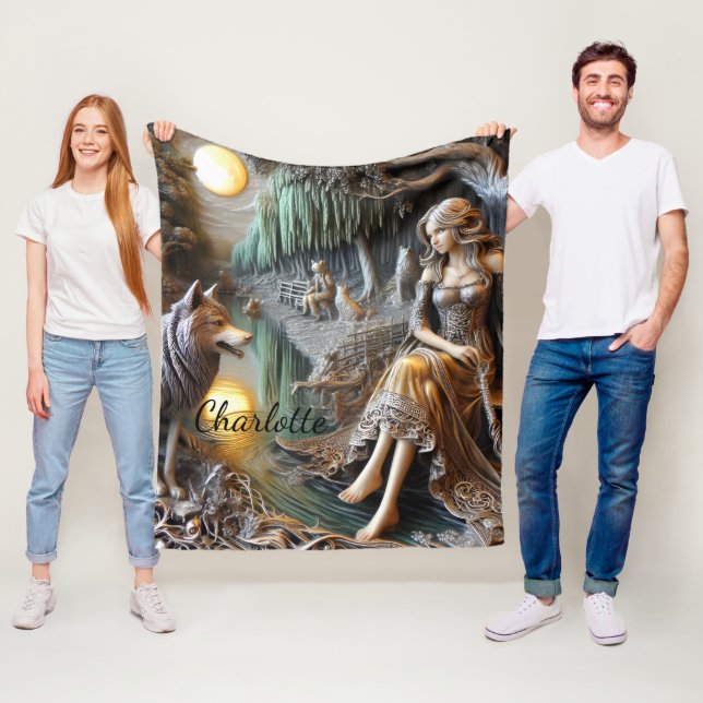 Tranquil river night with an Indian and wolf Fleece Blanket (In Situ)