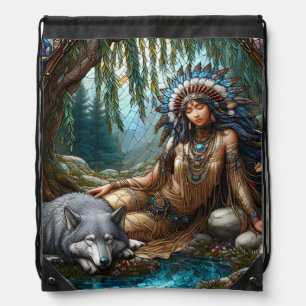 Tranquil river scene with Native and wolf Drawstring Bag
