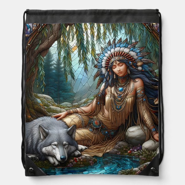 Tranquil river scene with Native and wolf Drawstring Bag (Front)