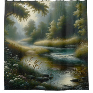 “Tranquil River Through Lush Forest” Shower Curtain