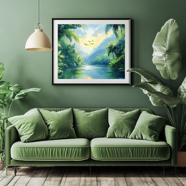 Tranquil River Winding Through Dense Jungle Faux Canvas Print (Jungle River Artwork)