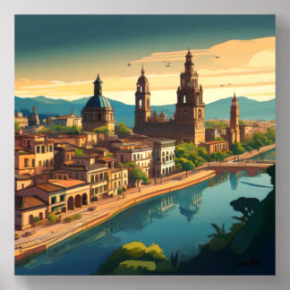Tranquil Riverside Cityscape at Sunset Acrylic Photo Tile