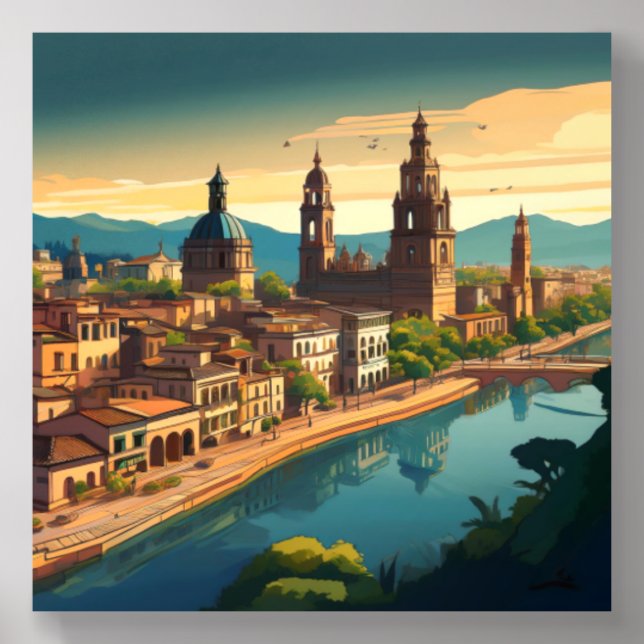 Tranquil Riverside Cityscape at Sunset Acrylic Photo Tile (Front Set)