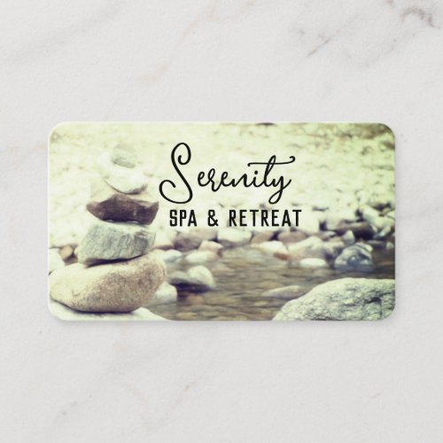 tranquil rock cairn and stream nature photo  business card