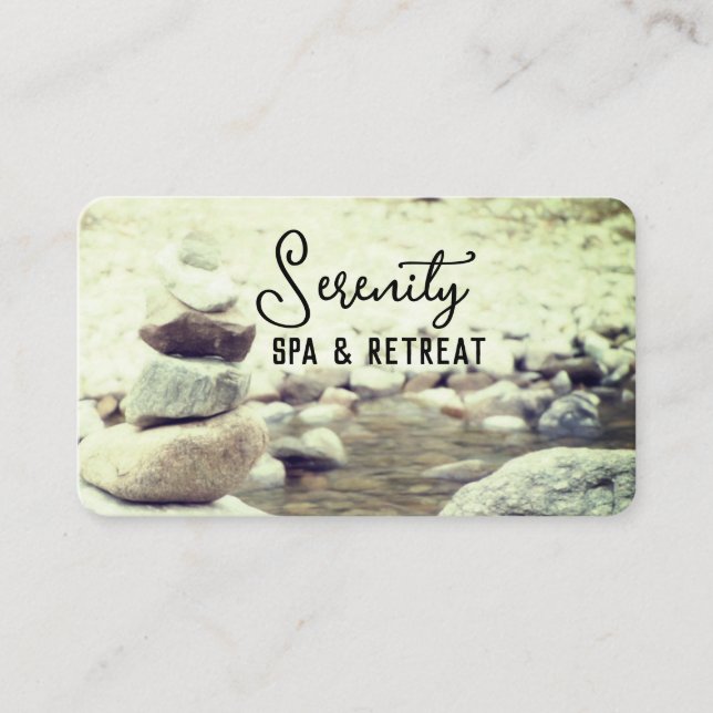 tranquil rock cairn and stream nature photo  business card (Front)