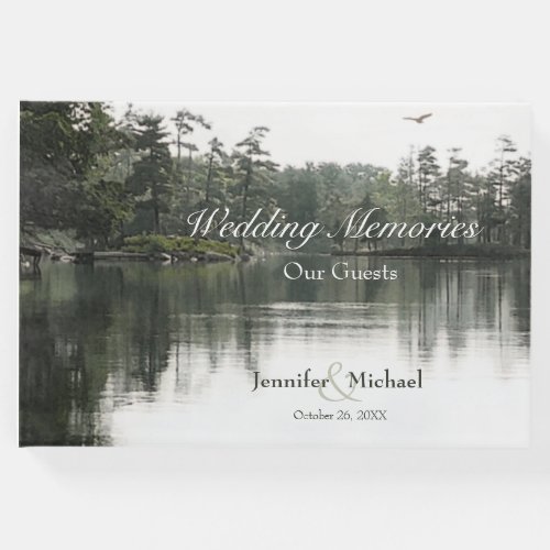 Tranquil rustic lake evergreens reflection memory guest book