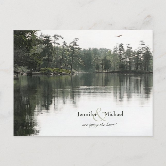 tranquil rustic lake evergreens reflection wedding announcement postcard (Front)
