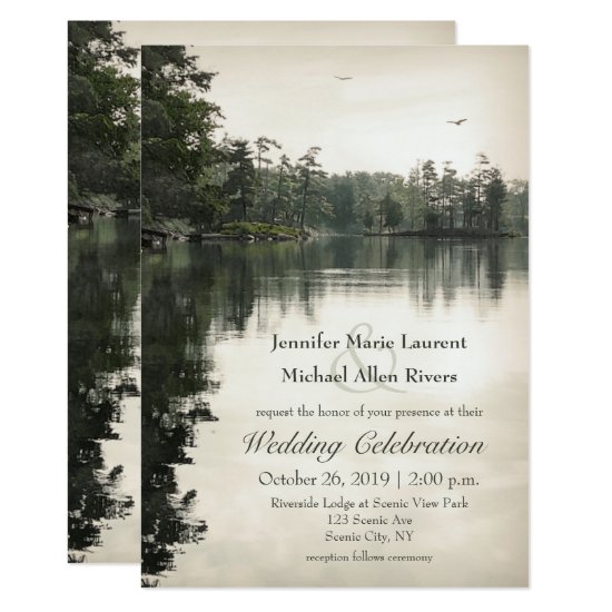 tranquil rustic lake evergreens reflection wedding invitation
