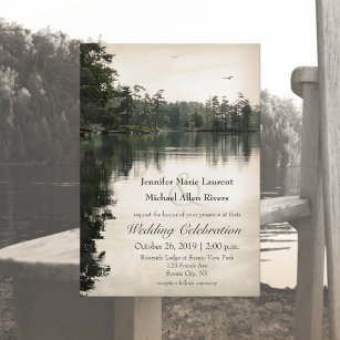 tranquil rustic lake evergreens reflection wedding invitation
