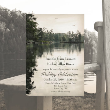 Tranquil Rustic Lake Evergreens Reflection Wedding Invitation by katz_d_zynes at Zazzle