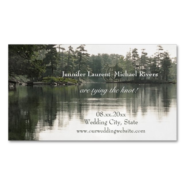 tranquil rustic lake evergreens reflection wedding magnetic business card (Front)