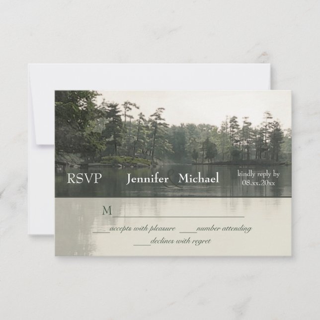tranquil rustic lake evergreens reflection wedding RSVP card (Front)
