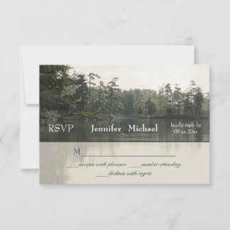 tranquil rustic lake evergreens reflection wedding RSVP card