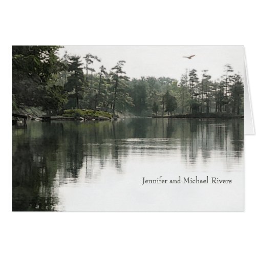 Tranquil rustic lake evergreens wedding thank you