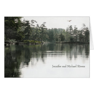 Tranquil rustic lake evergreens wedding thank you cards