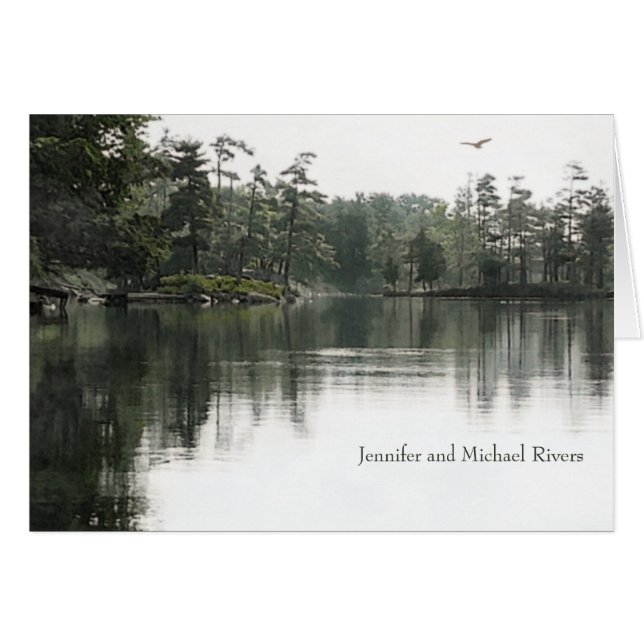 Tranquil rustic lake evergreens wedding thank you cards (Front Horizontal)