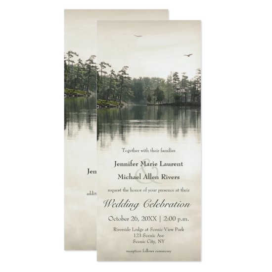 tranquil rustic lake reflection slender wedding invitation