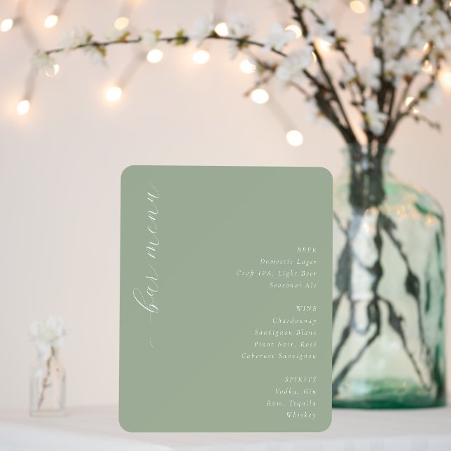 Tranquil Sage Green Minimalist Bar Menu Foam Board (In Situ (Wedding))